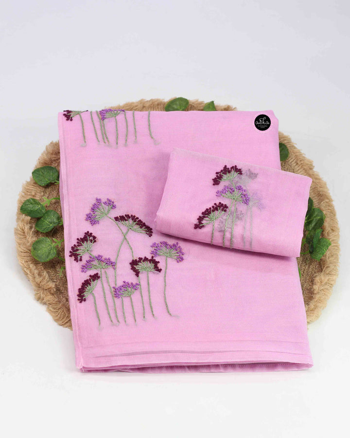 Light Pink Kota Saree with Floral Hand Embroidery
