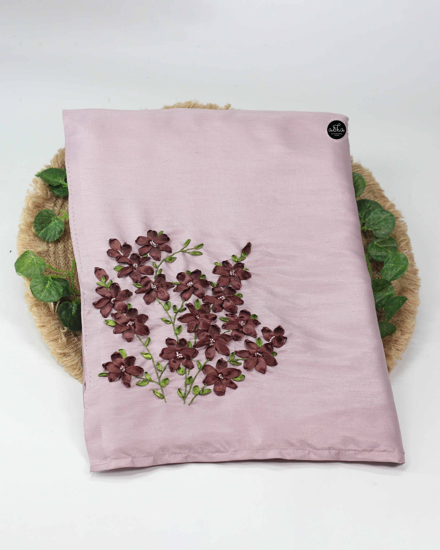 Lavender Semi Silk Saree with Brown Floral Ribbon Embroidery and Bead Work