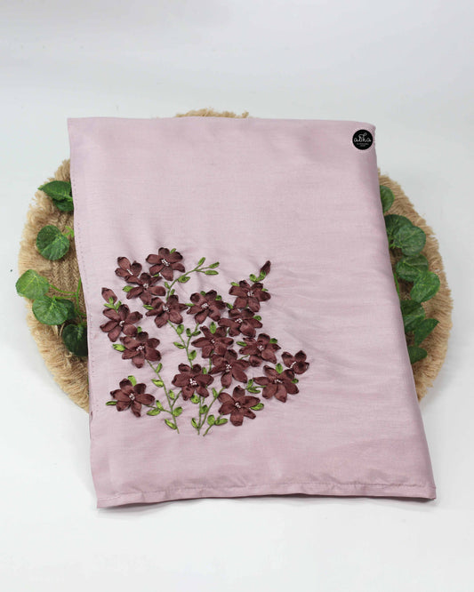 Lavender Semi Silk Saree with Brown Floral Ribbon Embroidery and Bead Work