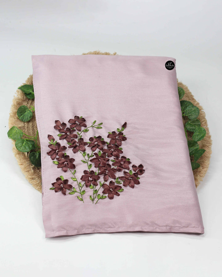 Lavender Semi Silk Saree with Brown Floral Ribbon Embroidery and Bead Work