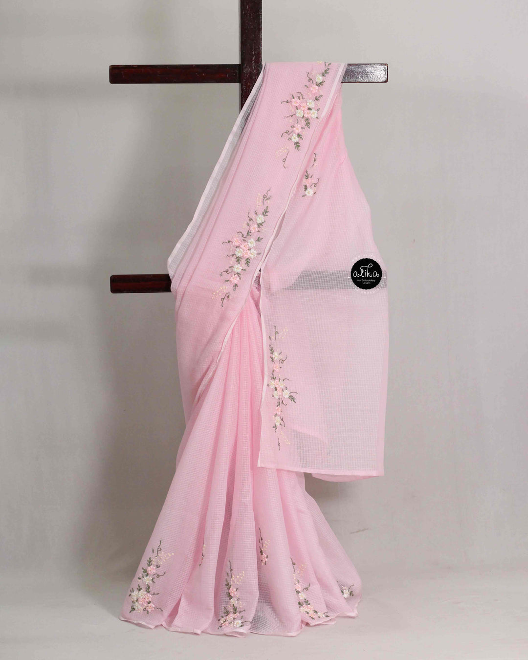 Baby Pink Cotton Kota Saree with Floral Ribbon &amp; Bead Work