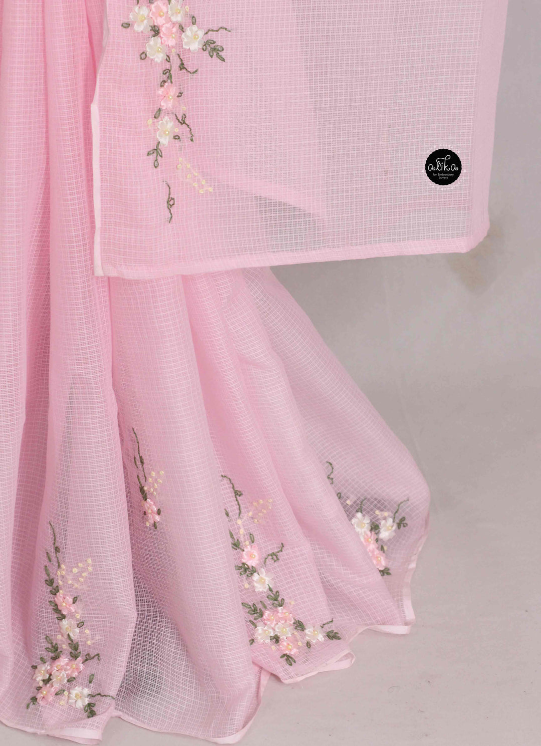 Baby Pink Cotton Kota Saree with Floral Ribbon &amp; Bead Work