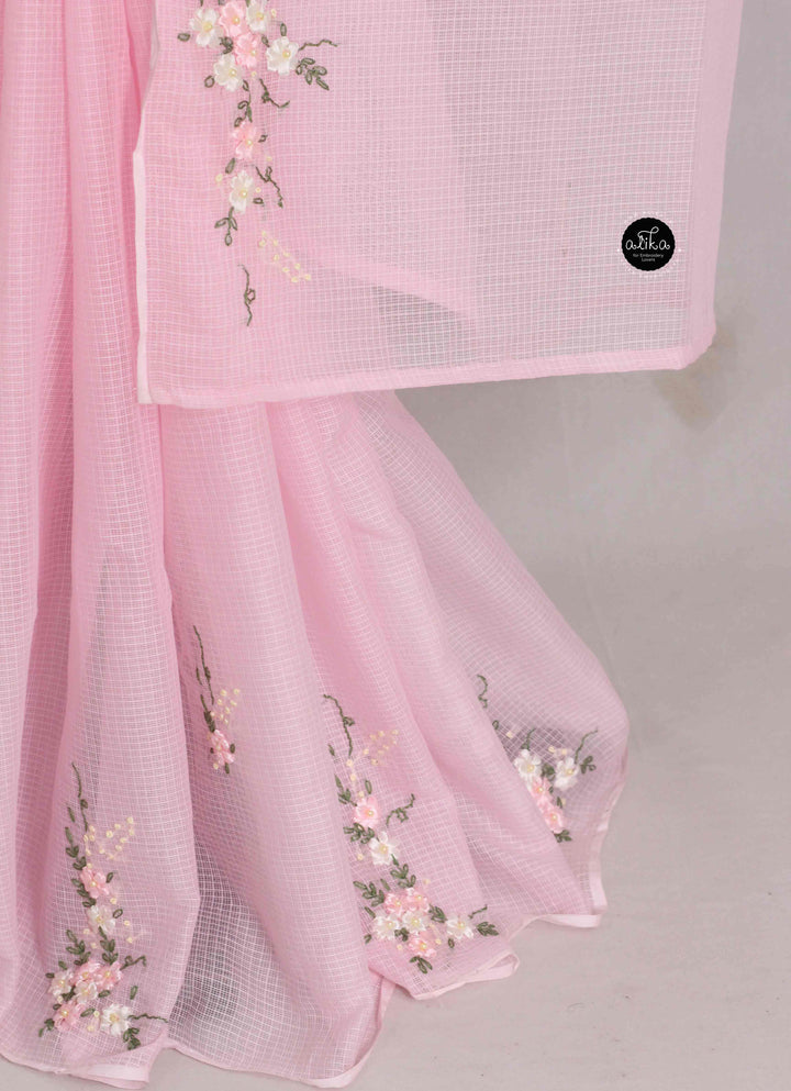 Baby Pink Cotton Kota Saree with Floral Ribbon &amp; Bead Work