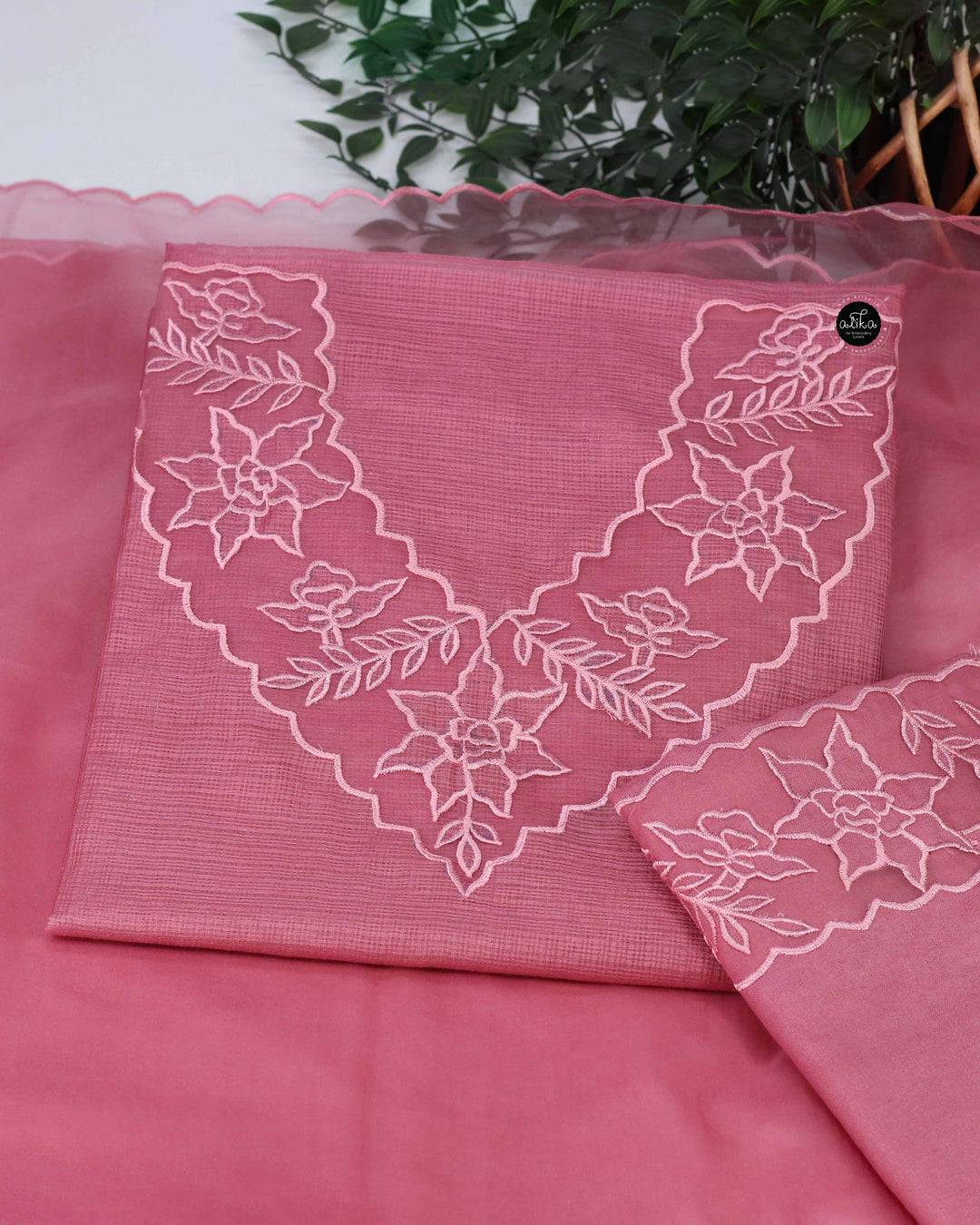 Salmon Pink Silky Kota Unstitched Salwar Suit Set with Appliqué Work on Neck &amp; Sleeves