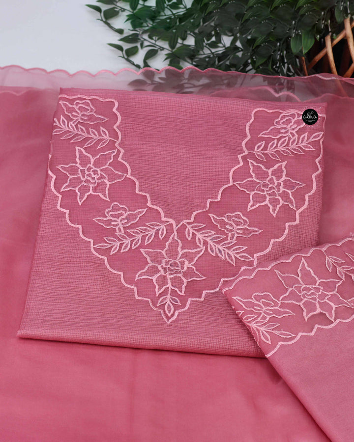 Salmon Pink Silky Kota Unstitched Salwar Suit Set with Appliqué Work on Neck &amp; Sleeves