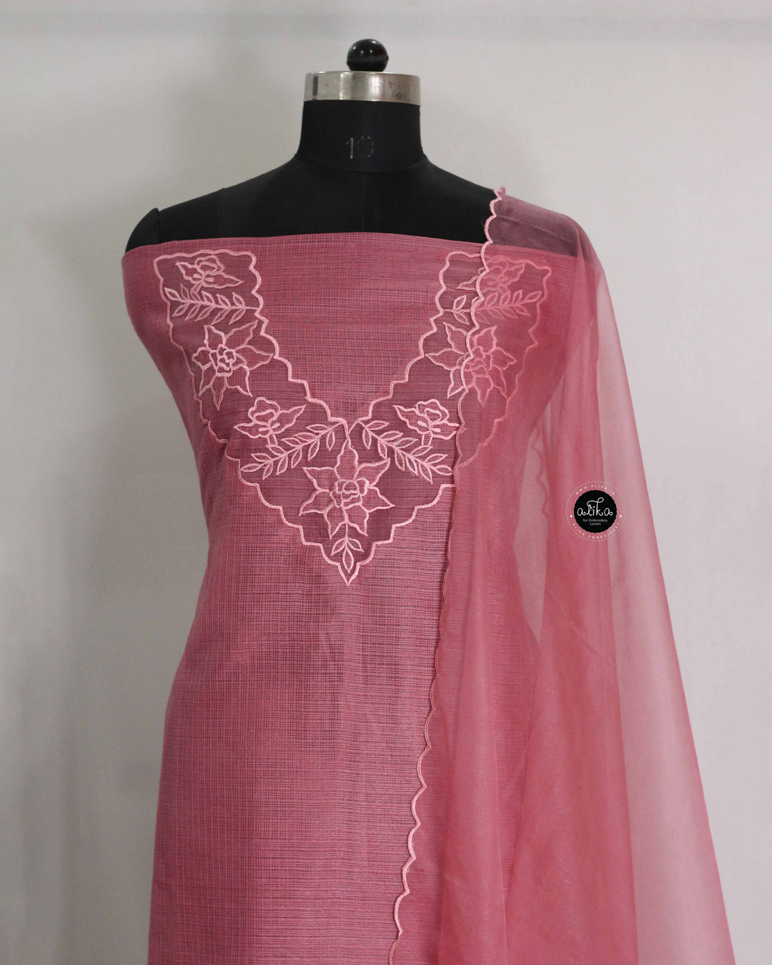 Salmon Pink Silky Kota Unstitched Salwar Suit Set with Appliqué Work on Neck &amp; Sleeves