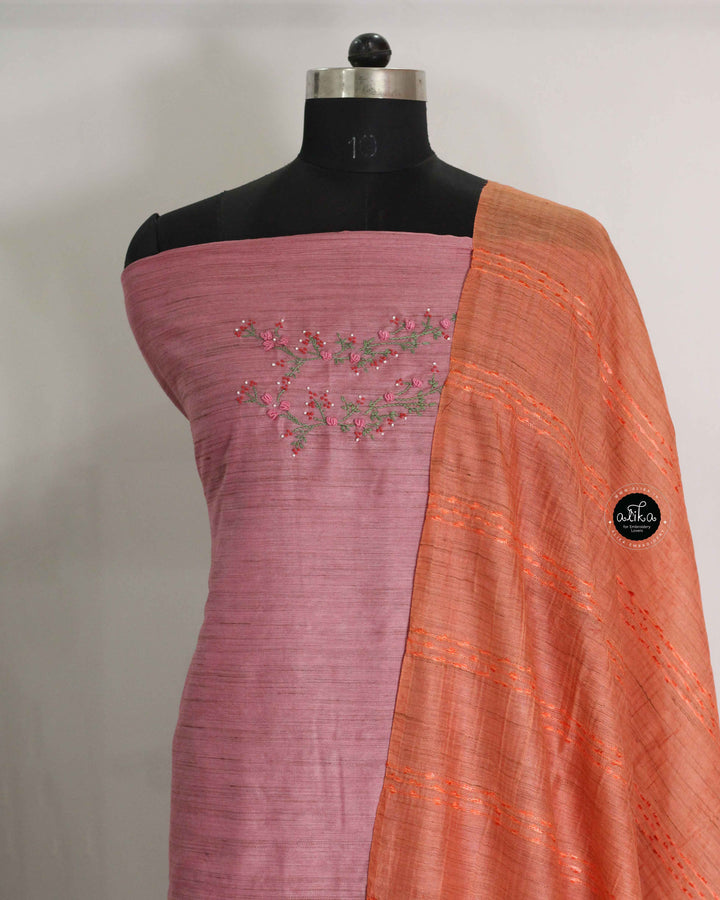 Dusty Pink Bamboo Silk Unstitched Salwar Set with Floral Hand Embroidery on the neckline and sleeves