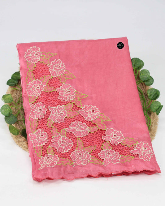 Peach Semi Tussar Silk Saree with Floral Twine Cutwork