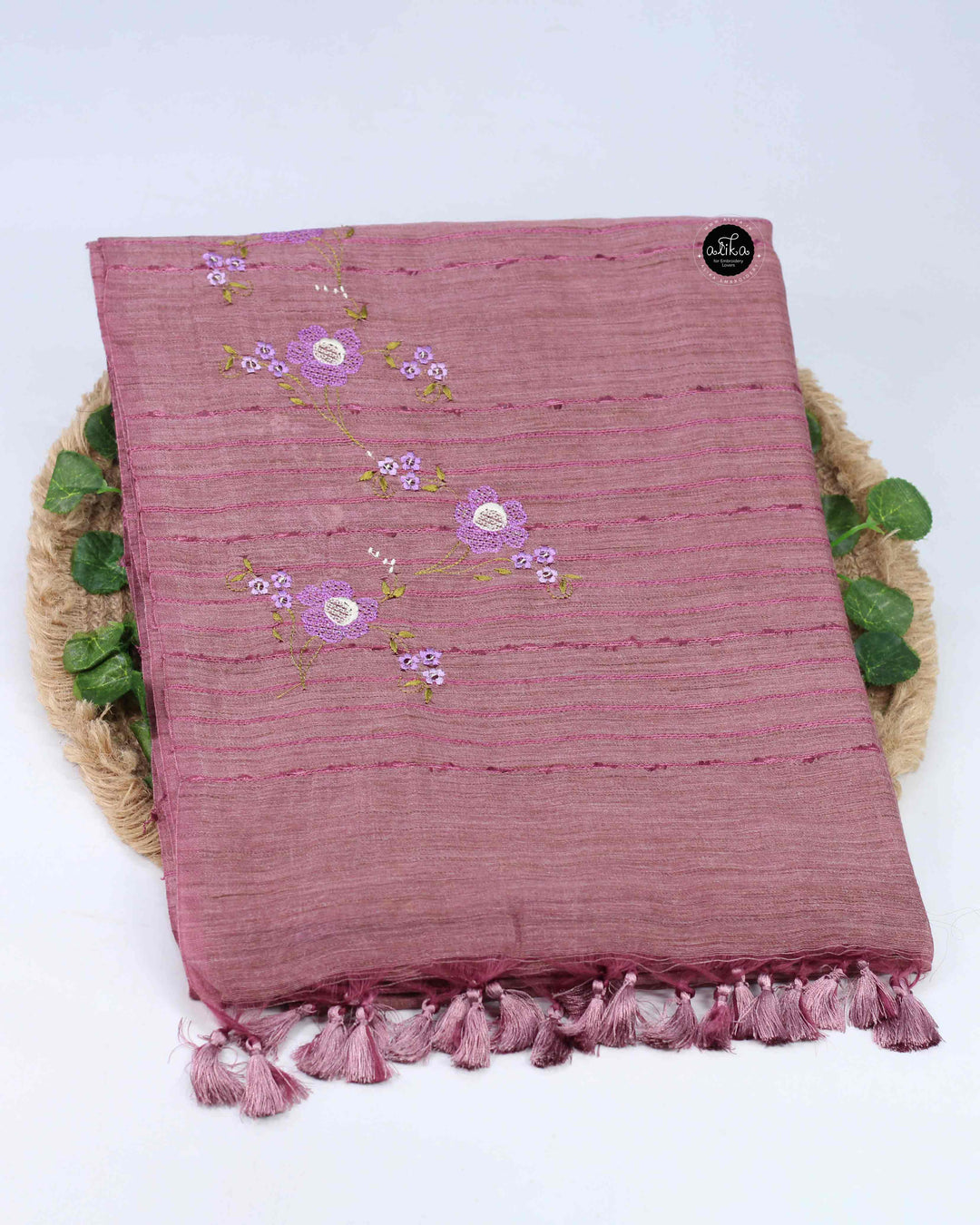 Mauve Semi Linen Saree with Floral Machine Embroidery