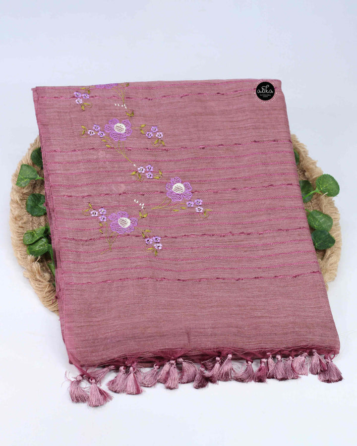 Mauve Semi Linen Saree with Floral Machine Embroidery