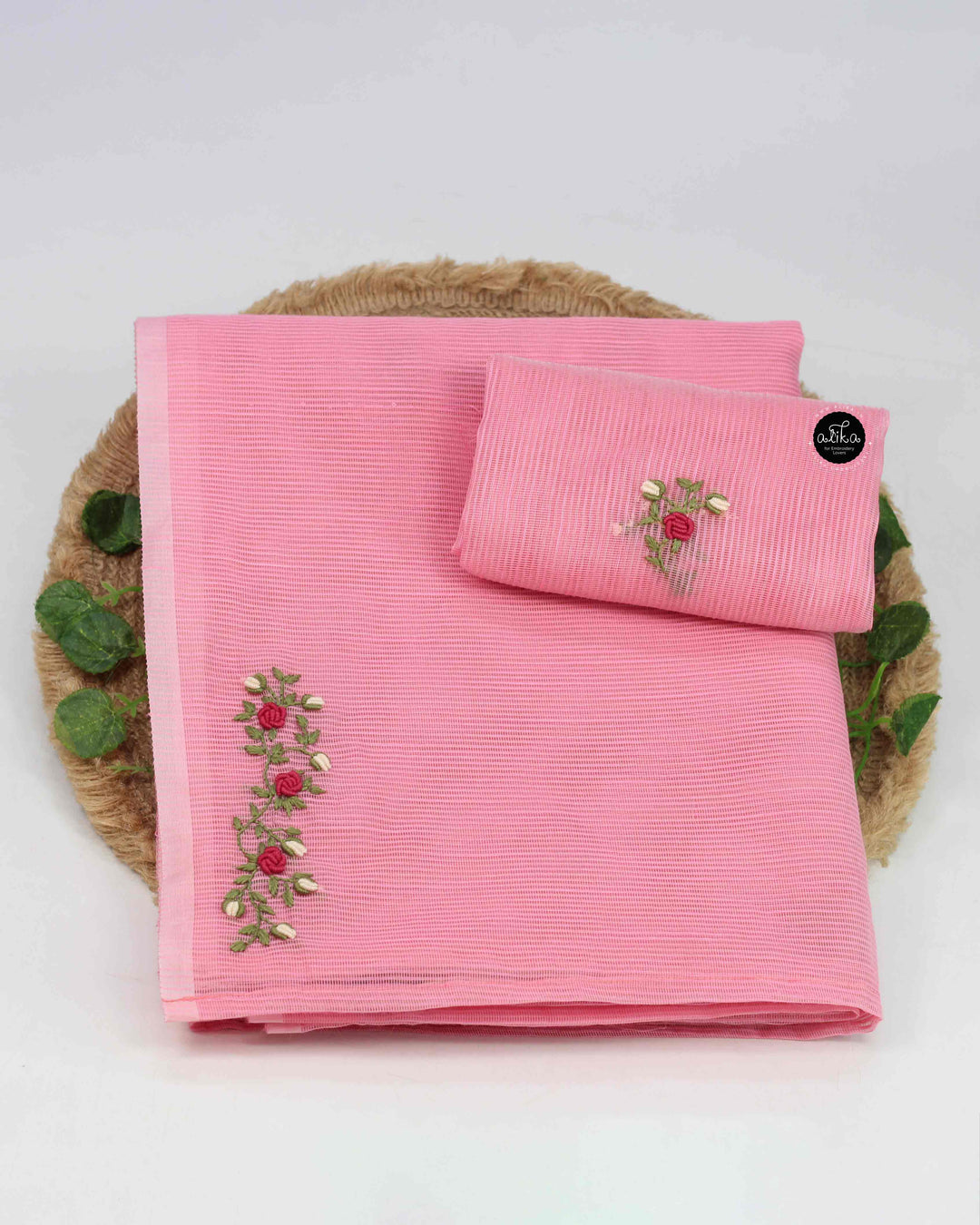 Blush Pink Kota Saree with Floral Hand Embroidery