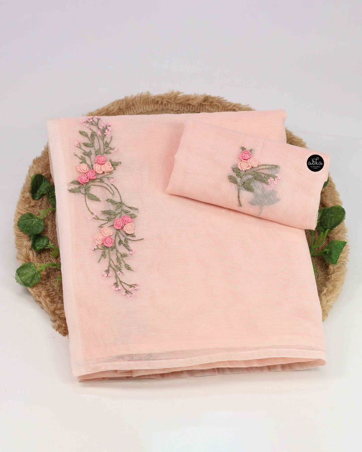 Light Peach Kota Saree with Floral Hand Embroidery