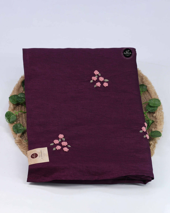 Dark Purple Designer Silk Saree with Floral Hand Embroidery