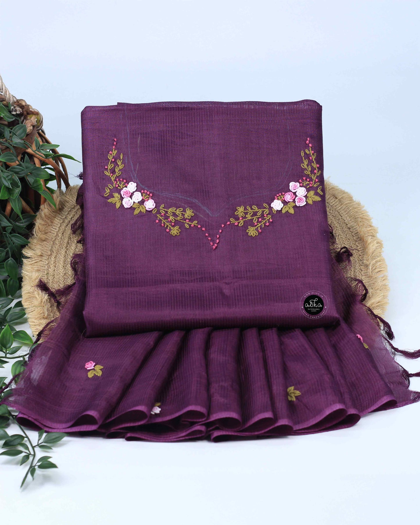 Dark Purple Semi Tussar Top & Dupatta Set with Floral Hand Embroidery