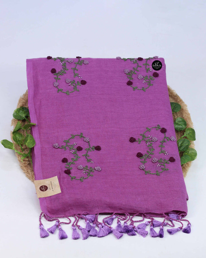 Violet Pure Linen Saree with Floral Hand Embroidery and Bead Embellishments