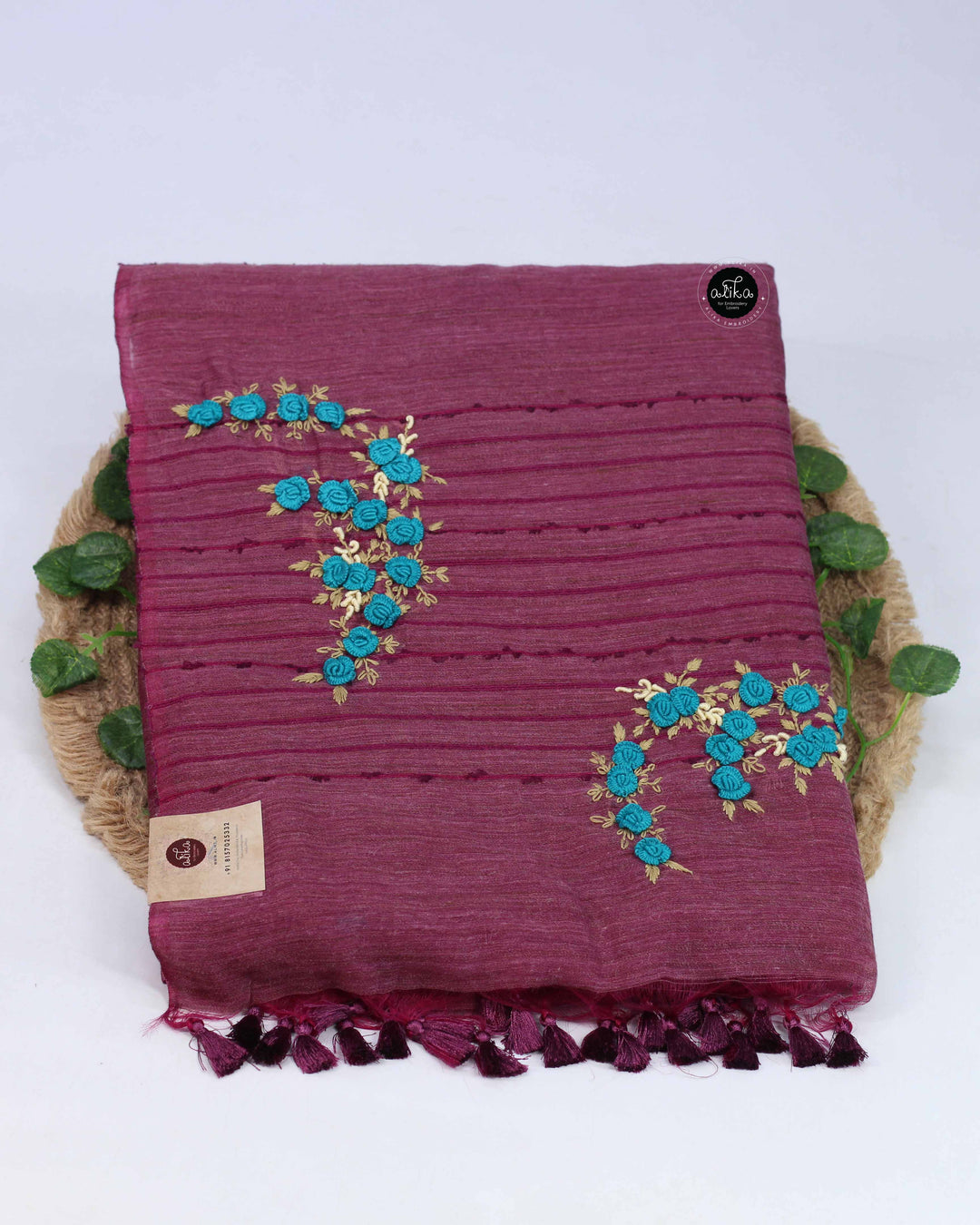 Wine Purple Bamboo Silk Saree with Floral Hand Embroidery