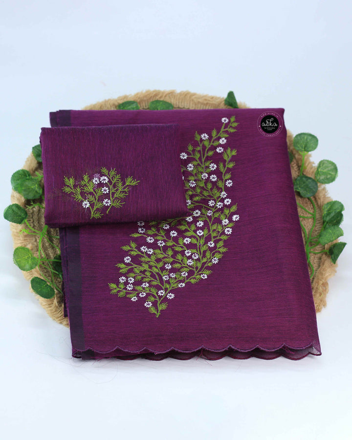 Dark Purple Kota Saree with Floral Machine Embroidery