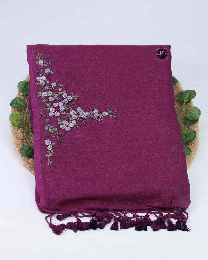 warm Purple Linen Saree with Exquisite Bullion Work – Elegant &amp; Sophisticated