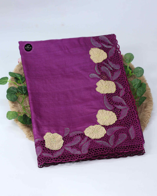 Dark Magenta Pure Tussar Silk Saree with Floral Cutwork