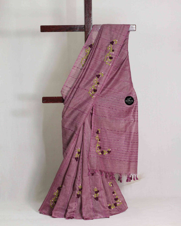 Mauve Purple Semi Linen Saree with Floral Hand Embroidery