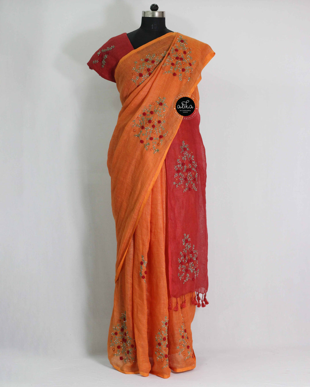 Red &amp; Saffron Orange Pure Linen Saree with Floral Hand Embroidery &amp; Bead Work