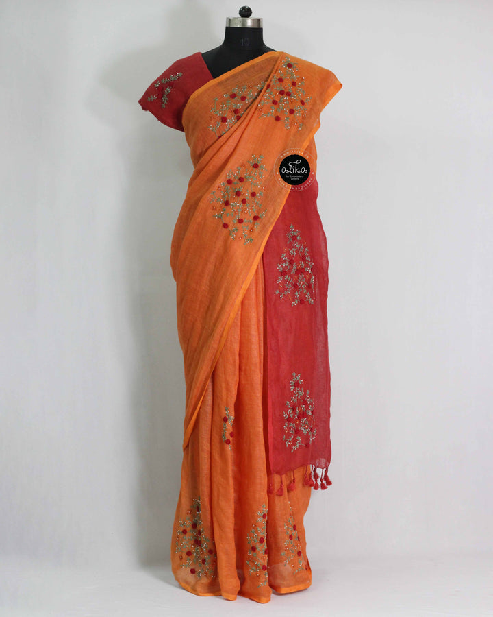 Red &amp; Saffron Orange Pure Linen Saree with Floral Hand Embroidery &amp; Bead Work