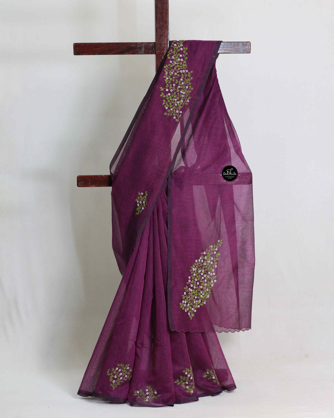 Dark Purple Kota Saree with Floral Machine Embroidery