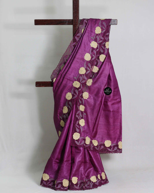 Dark Magenta Pure Tussar Silk Saree with Floral Cutwork