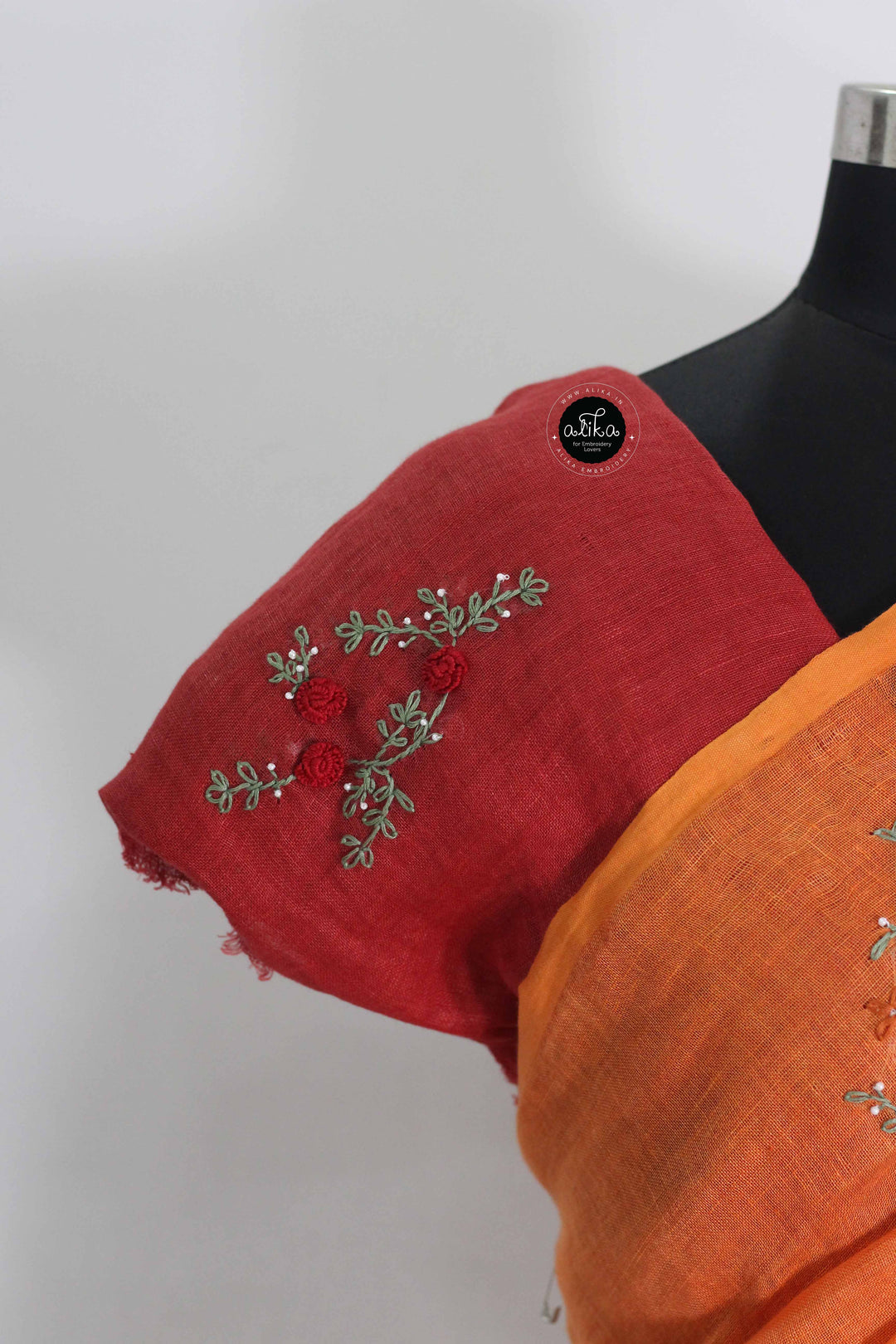 Red &amp; Saffron Orange Pure Linen Saree with Floral Hand Embroidery &amp; Bead Work
