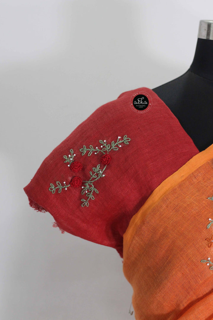 Red &amp; Saffron Orange Pure Linen Saree with Floral Hand Embroidery &amp; Bead Work