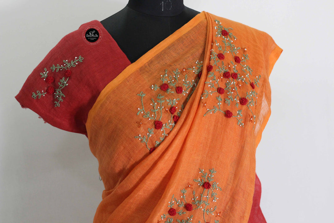 Red &amp; Saffron Orange Pure Linen Saree with Floral Hand Embroidery &amp; Bead Work