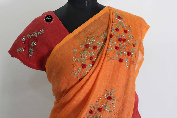 Red &amp; Saffron Orange Pure Linen Saree with Floral Hand Embroidery &amp; Bead Work