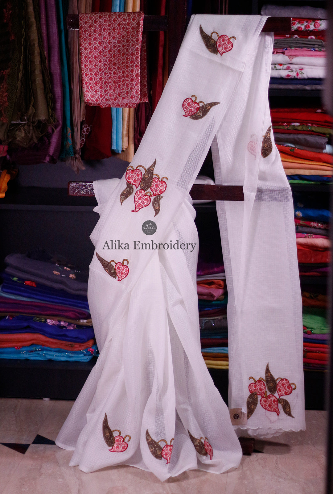 OFFWHITE checked silky kota saree with applique work