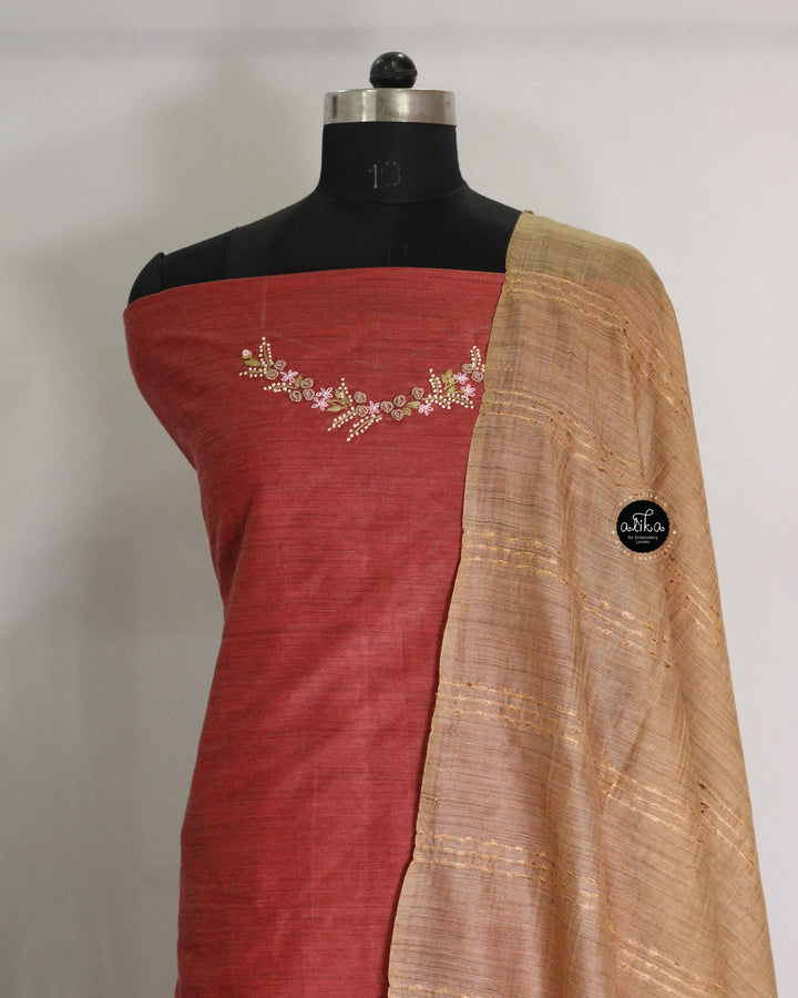 Rust Red Bamboo Silk Unstitched Salwar Set with Floral Hand Embroidery on the neckline and sleeves