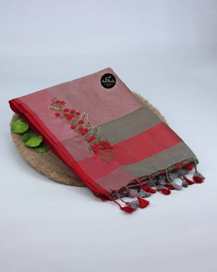 Light Olive Green &amp; Red Pure Linen Saree with Bullion Hand Embroidery – Alika Fashion Store