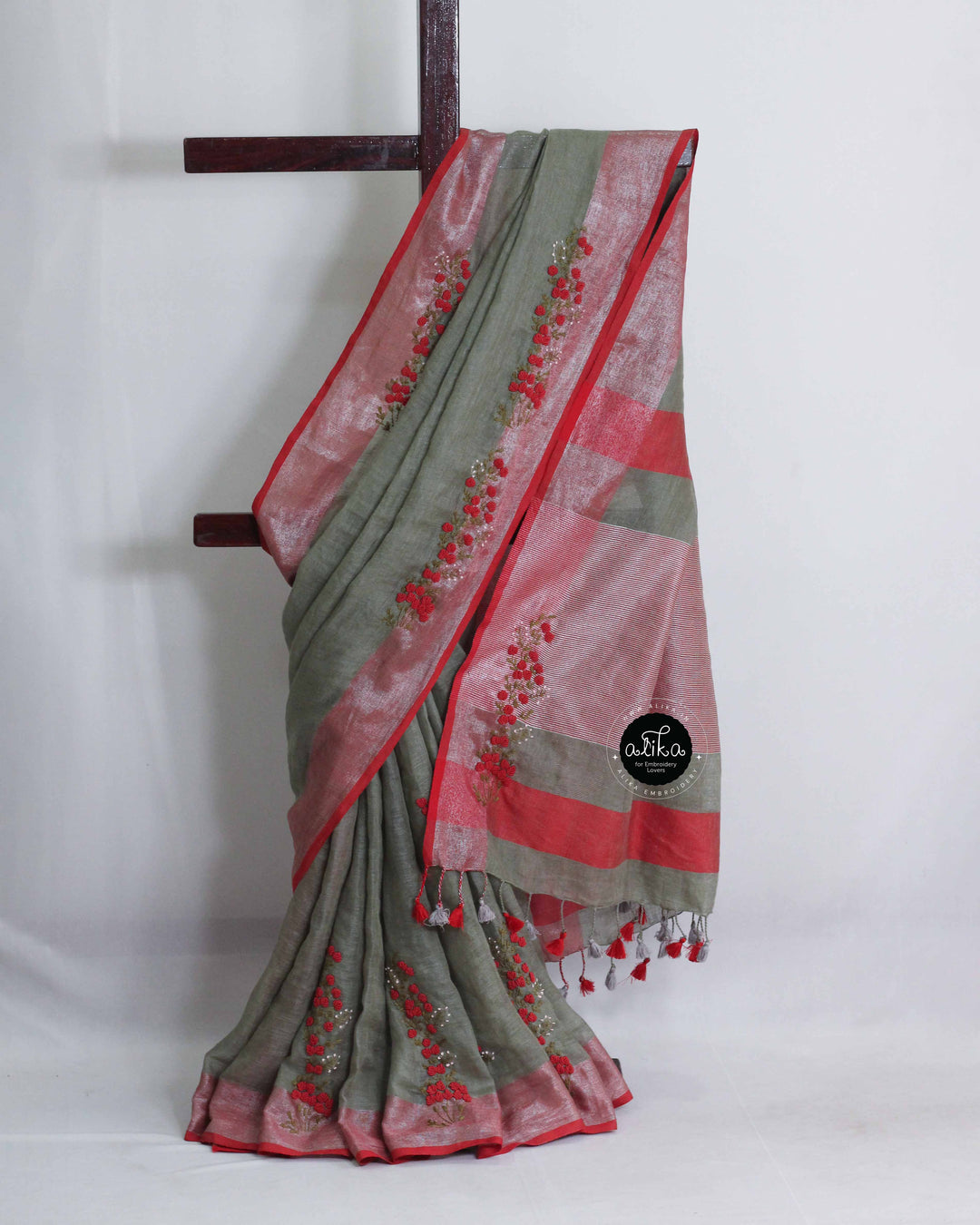 Light Olive Green &amp; Red Pure Linen Saree with Bullion Hand Embroidery – Alika Fashion Store