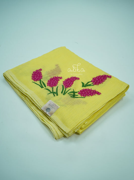 YELLOW STRIPED KOTA SAREE WITH LAZY DAISY FLORAL WORK