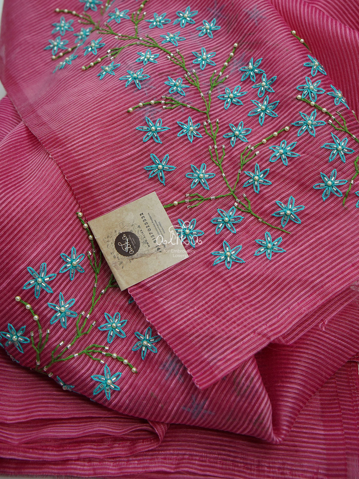 PINK STRIPED KOTA SAREE WITH LAZY DAISY  EMBROIDERY