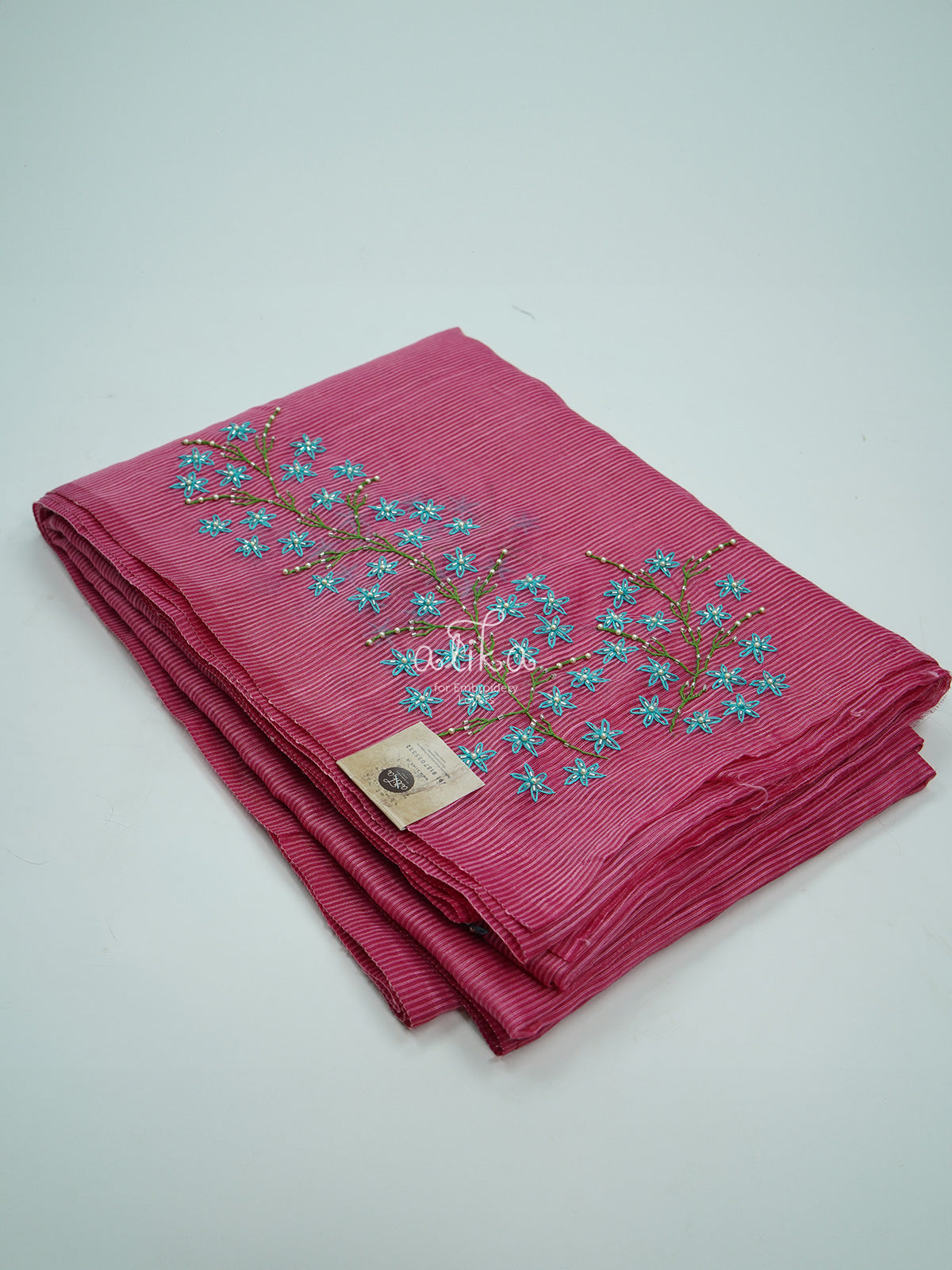 PINK STRIPED KOTA SAREE WITH LAZY DAISY  EMBROIDERY