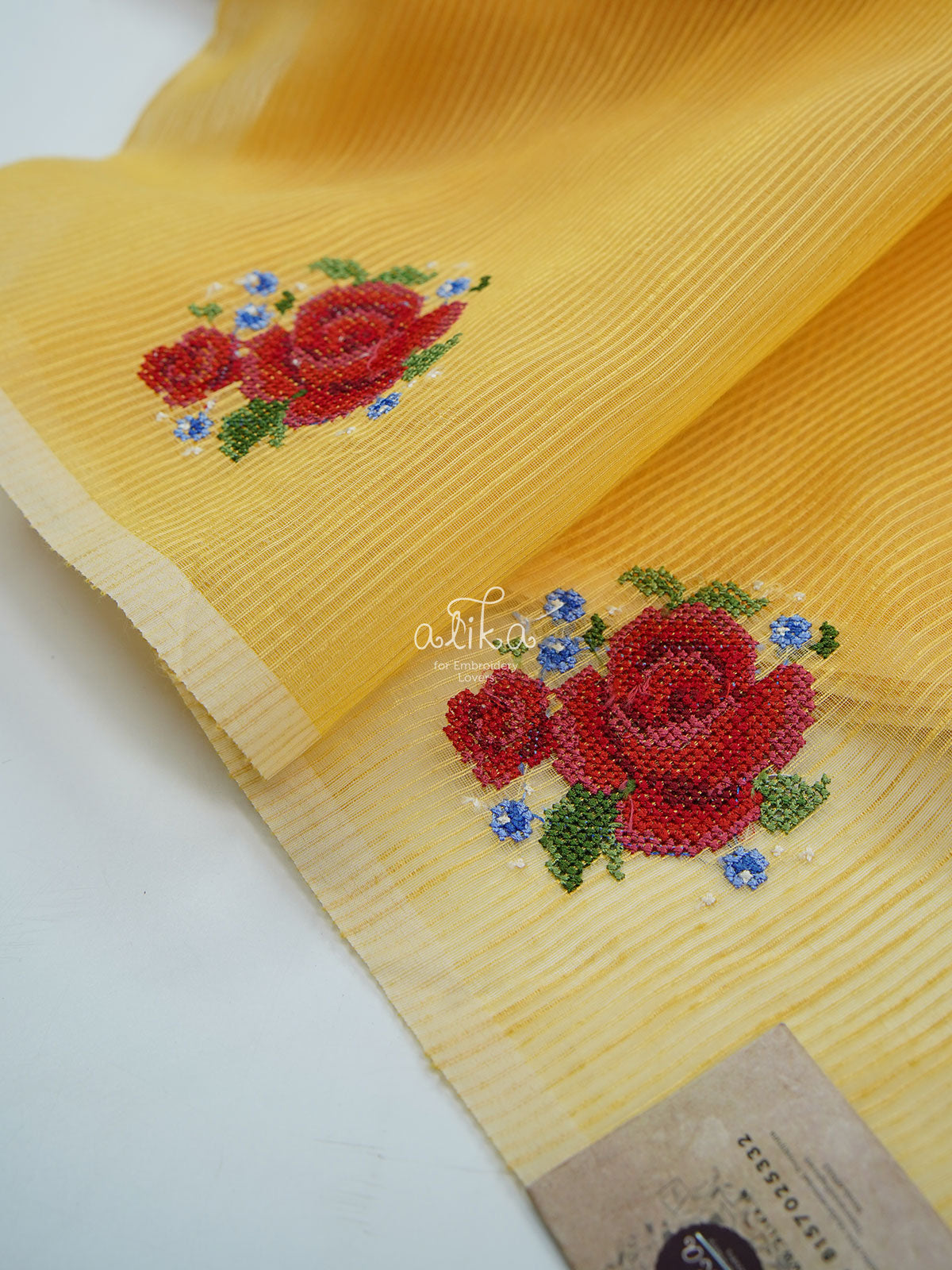 YELLOW  STRIPED KOTA  SAREE WITH FLORAL CROSS  STITCH EMBROIDERY