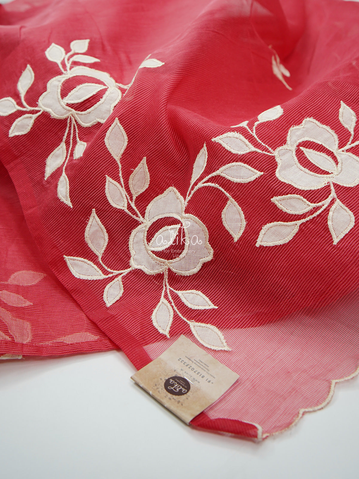 LIGHT PINKISH RED SHADE SILKY KOTA SAREE WITH APPLIQUE EMBROIDERY