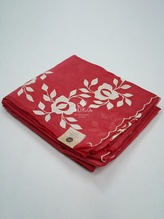 LIGHT PINKISH RED SHADE SILKY KOTA SAREE WITH APPLIQUE EMBROIDERY
