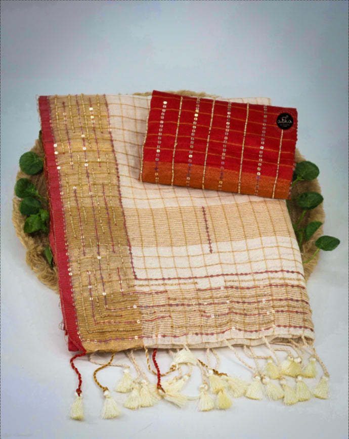 Cream Pure Linen Saree with Bead &amp; Sequin Work