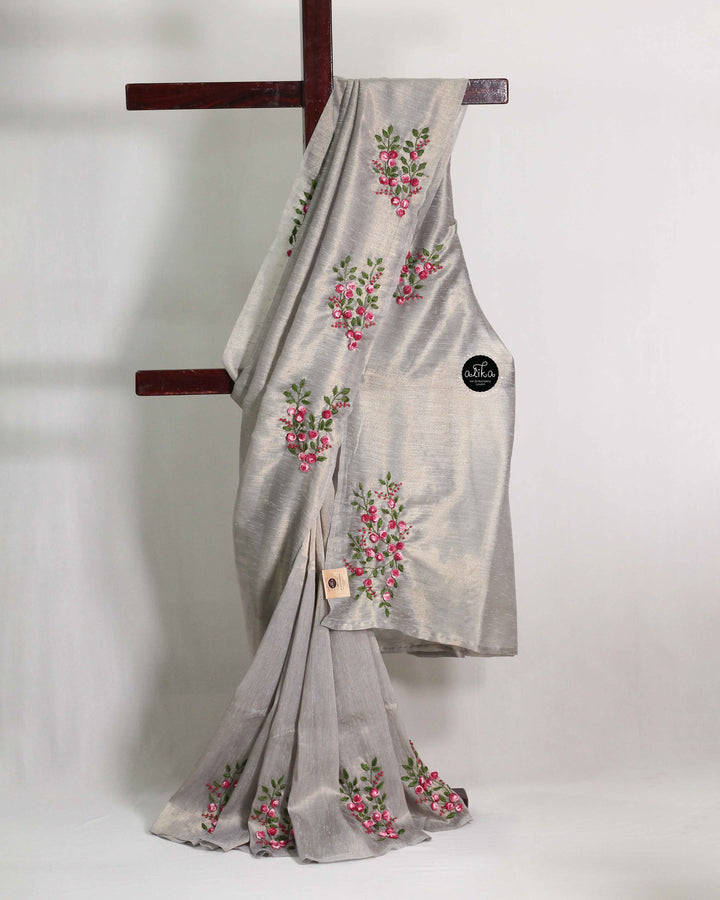 Silver Designer Silk Saree with Floral Hand Embroidery