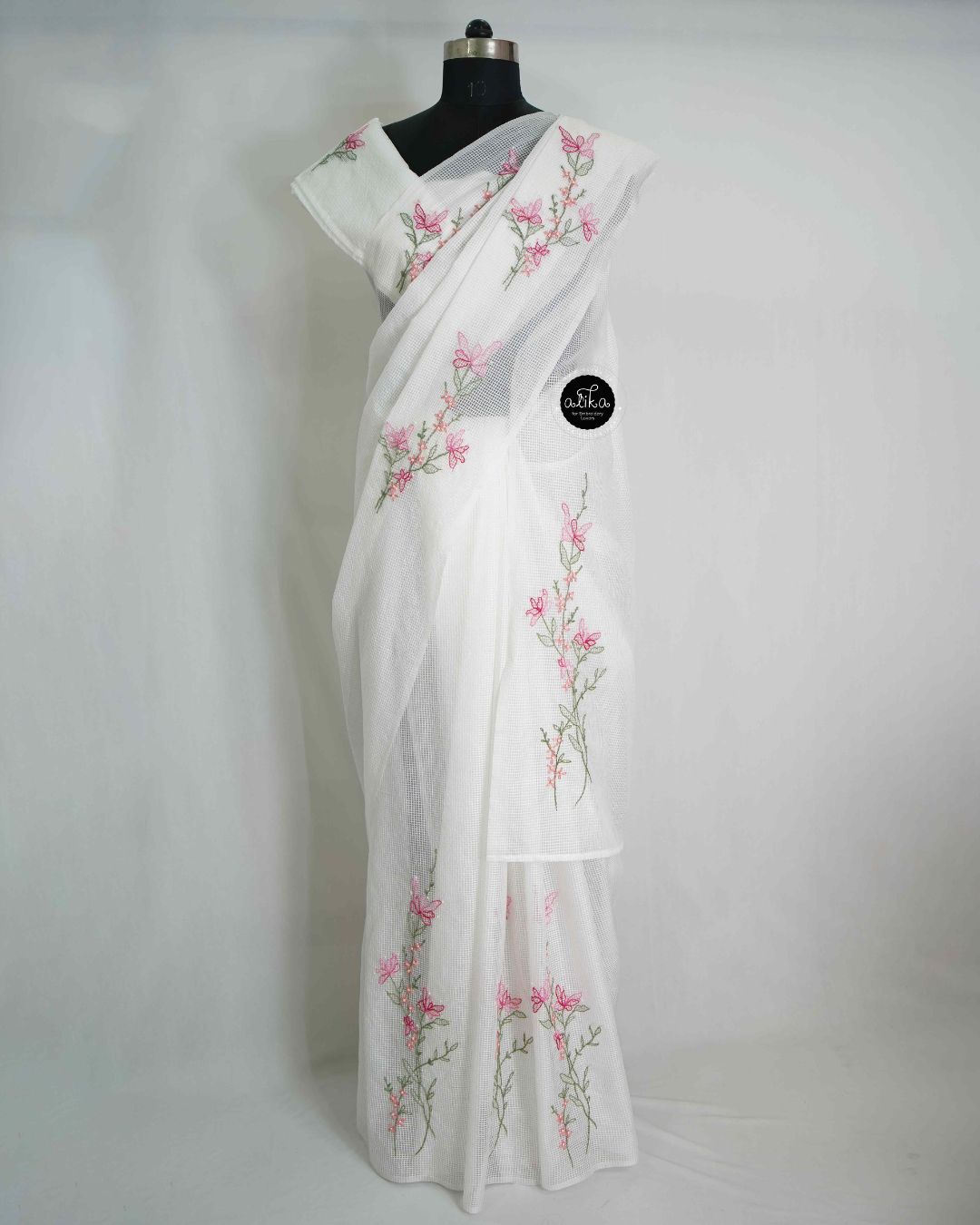 White Bhagalpuri Silk Saree with Floral Shadow Work and Bead Embellishments