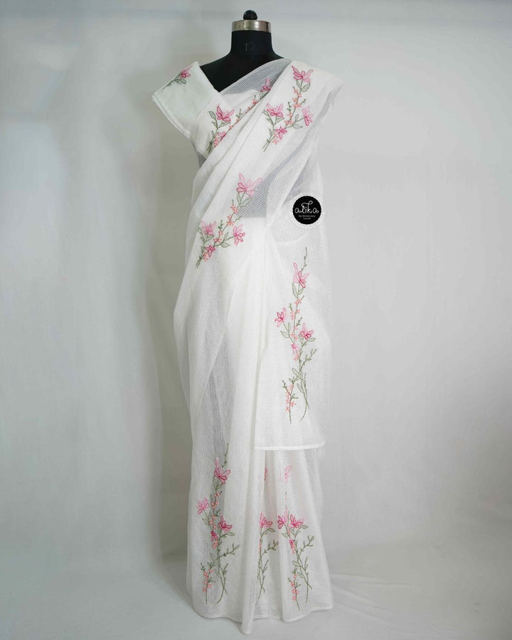 White Bhagalpuri Silk Saree with Floral Shadow Work and Bead Embellishments