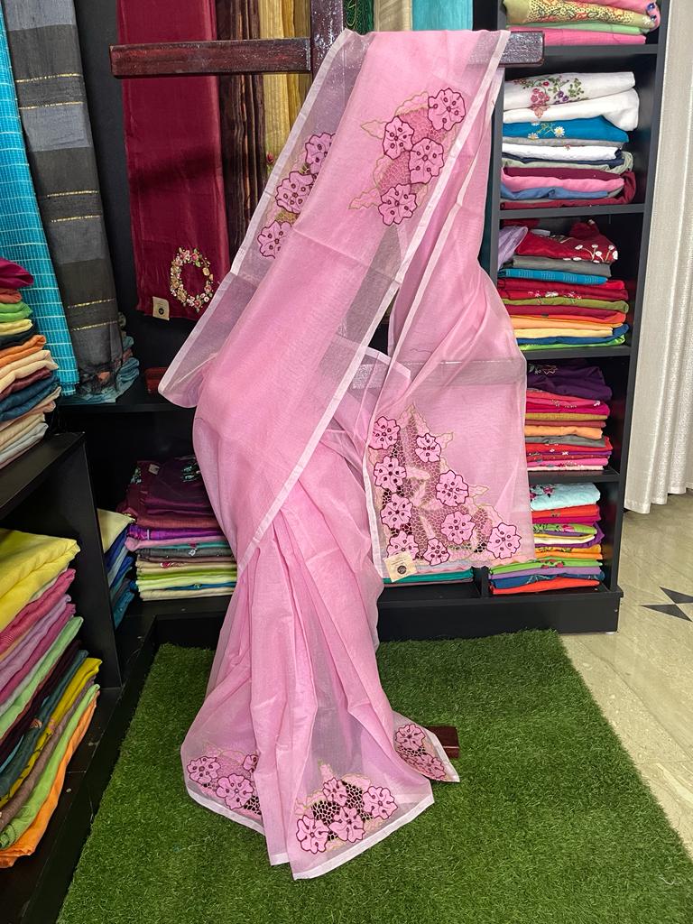 Pink Silky Kota Saree Featuring Scattered Red Floral Twine Cutwork