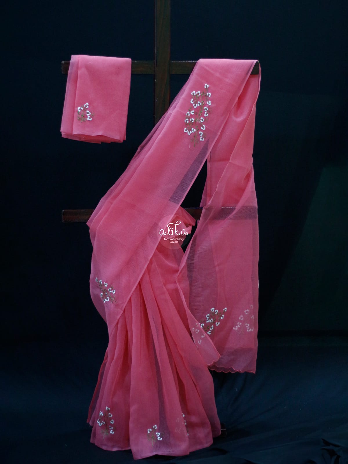 PINK KOTA SAREE WITH  WHITE FLORAL MACHINE EMBROIDERY