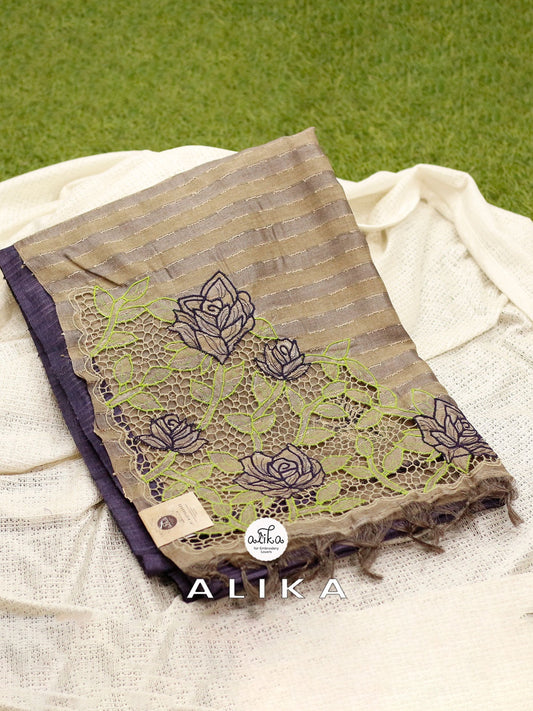 PURPLE AND  BEIGE Multi-Colored TUSSAR SILK Saree with TWINE Cutwork