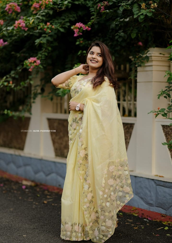 Pastel Yellow Kota Saree with Floral Organza Applique